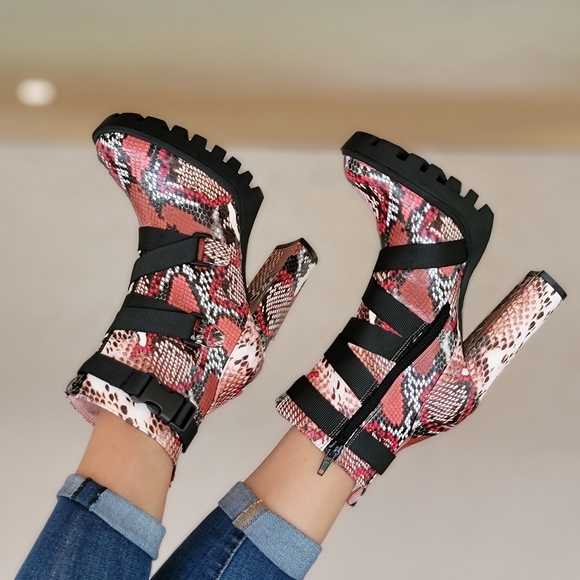Women's Platform Ankle Boots Chunky Heel Boots Snake Color - Picture 5 of 6